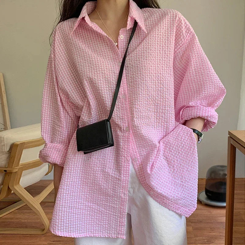 Korean Women's Shirt Sunscreen Long Sleeves Shirt Summer Women's Loose Casual Single Breasted Turndown Collar Plaid - Smarsty