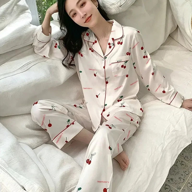 Ice Silk Pajamas Women's Long Sleeve Lace Premium Sense Two Piece Suit Sweet Homewear Love Blue Ladies Sleepwear Loungewear - Smarsty