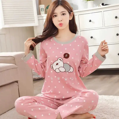 Autumn Thin 2pieces Pyjamas Set Women 2025 Round Neck Girls Bear Pajamas Sets Teacup Cat Full Sleepwear Tops lovers Pajama Mujer - Smarsty