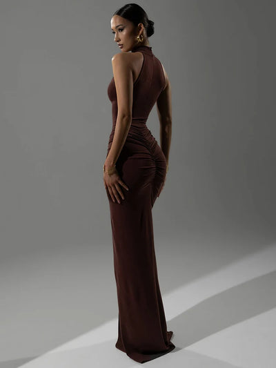 Mozision Halter Ruched Sleeveless Sexy Maxi Dress Women Gown Fashion Slim High Waist Evening Club Party Split Long Dress - Smarsty