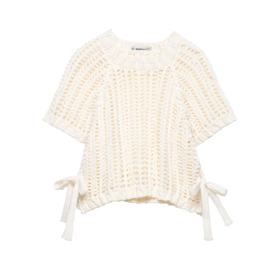Hollow Out Knit Pullover Women Casual Round Neck Lace Up Bow Sweater Female Autumn Short Sleeves Solid Knitwears Lady - Smarsty