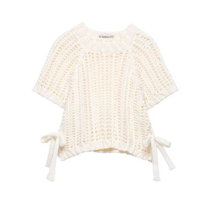 Hollow Out Knit Pullover Women Casual Round Neck Lace Up Bow Sweater Female Autumn Short Sleeves Solid Knitwears Lady - Smarsty