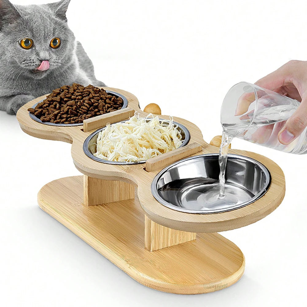 Tilted Raised Cat Feeder with Three Stainless Steel Bowls - Smarsty