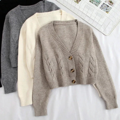 V Neck Cropped Cardigan Women Long Sleeve Twist Knitted Sweater Coats Autumn Winter Keep Warm Korean Fashion Jacket Cardigan - Smarsty
