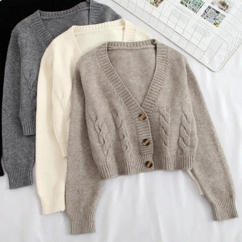 V Neck Cropped Cardigan Women Long Sleeve Twist Knitted Sweater Coats Autumn Winter Keep Warm Korean Fashion Jacket Cardigan - Smarsty