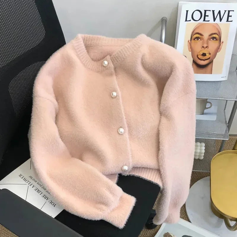 Korean Simple O-neck Single-breasted Imitation Mink Velvet Knitted Sweater 2023 Casual Loose Soft Pearl Buttons Cardigan Women - Smarsty
