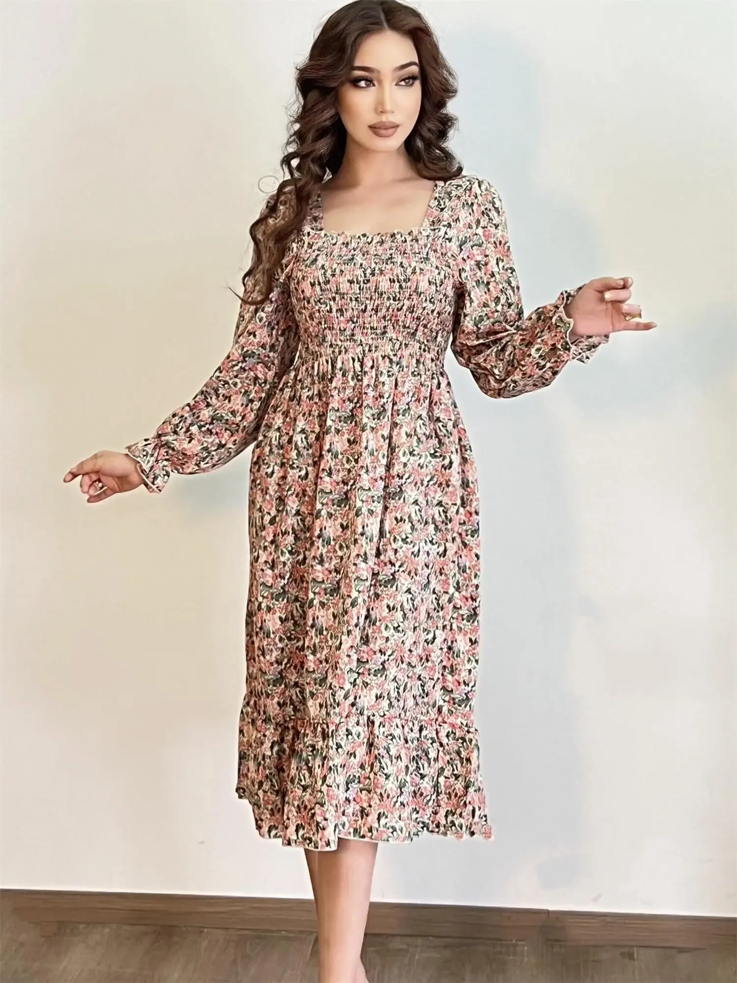 Long Sleeve Casual Dress Women Chiffon Dresses Autumn Spring A-line Printed Floral Elastic Chest Lace Up Midi Dresses Vestidos - Smarsty
