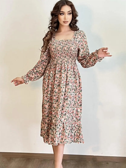 Long Sleeve Casual Dress Women Chiffon Dresses Autumn Spring A-line Printed Floral Elastic Chest Lace Up Midi Dresses Vestidos - Smarsty