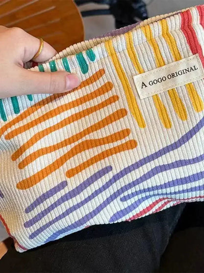 Colorful Stripes Corduroy Cosmetic Bag Portable Travel Toiletry Bag Skincare Sundries Aesthetic Makeup Storage Bag-zmt - Smarsty