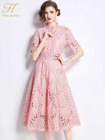 H Han Queen Spring New Elegant Casual Work Party Dresses Floral Crochet Hollow Out Lace Patchwork Casual Office Midi Dress - Smarsty