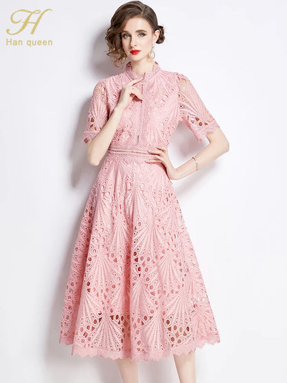 H Han Queen Spring New Elegant Casual Work Party Dresses Floral Crochet Hollow Out Lace Patchwork Casual Office Midi Dress - Smarsty
