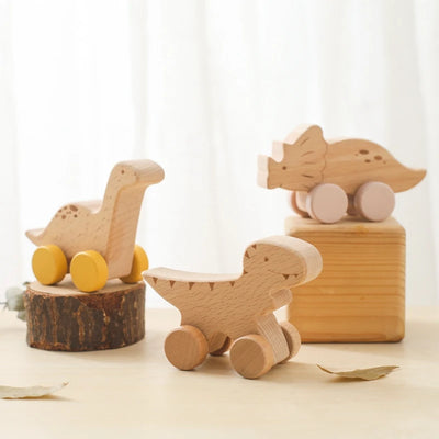 Wooden Baby Car Toys Beech Wooden Dinosaur Cartoon Car Teether Educational Montessori Toys For Children Teething Baby Toys - Smarsty