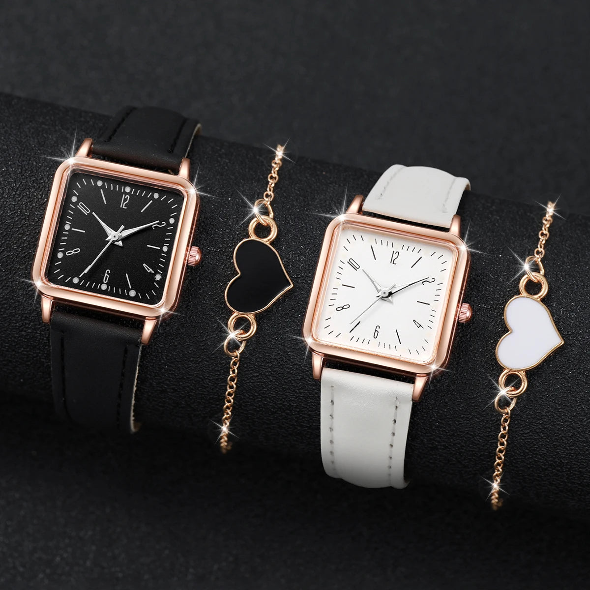 2/4PCS Fashion Square Women's Watch Leather Band Quartz Watches Heart Bracelet Set（Without Box） - Smarsty