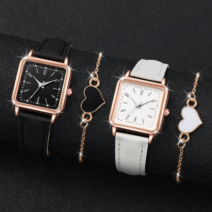 2/4PCS Fashion Square Women's Watch Leather Band Quartz Watches Heart Bracelet Set（Without Box） - Smarsty