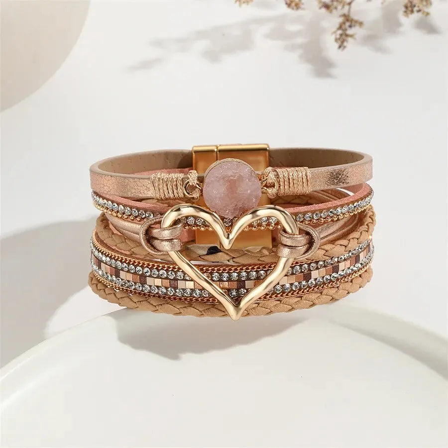 Women Leather Heart Charm Bracelet Rhinestone Wrap - Smarsty