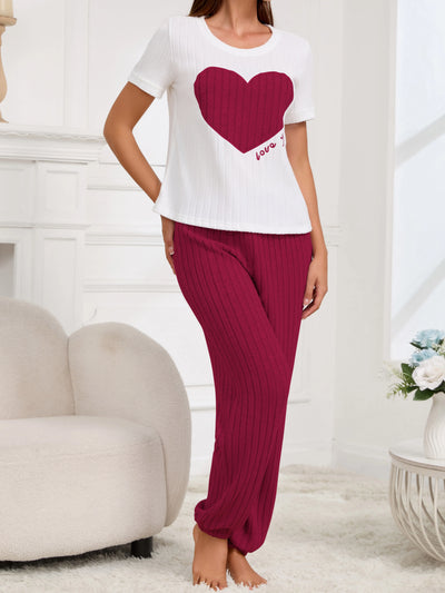 Women's new style pajamas set heart pattern short sleeve shirt trousers two-piece simple and lovely casual home wear - Smarsty