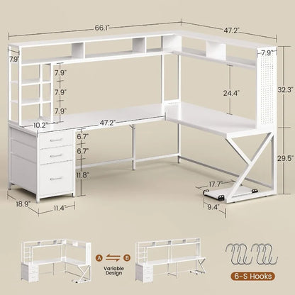 Corner Computer Desk Convertible 94.5 Gaming Desk with Storage Drawers Hutch and Pegboard L Shaped Office Desk with Power Outle