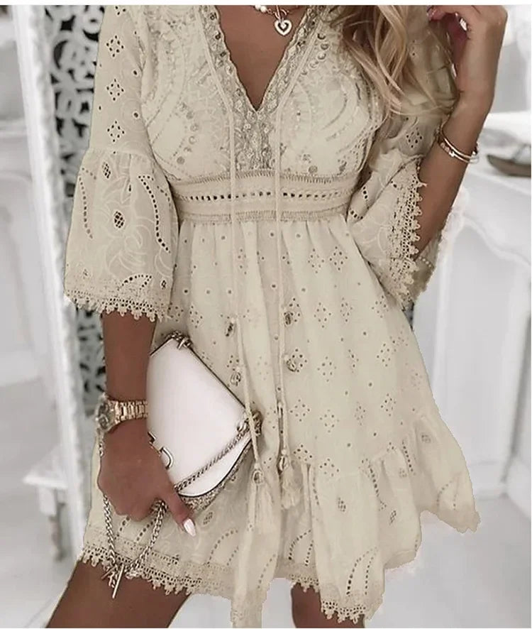 Hollow Out Summer Dress for Women Female V Neck Long Sleeve White Dresses Loose Solid Casual Women Beach Holiday Dress Vestidos - Smarsty