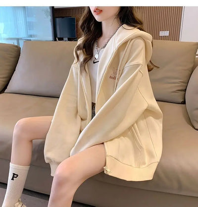 Women Embroidery Print Sporty Chic Hoodies Casual Zip Up Long Sleeve Loose Jacket Coats Harajuku Hooded Sweatshirts Streetwear - Smarsty