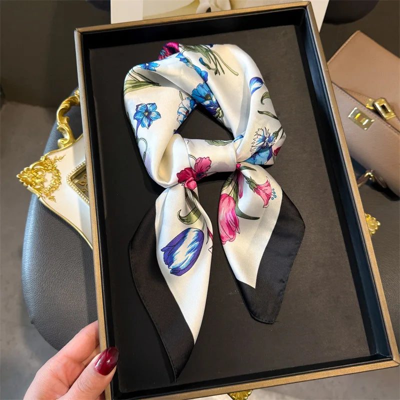 Luxury Silk Skinny Scarf with Cat Print for Women - Smarsty