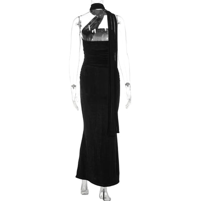 Hugcitar Halter Solid Sleeveless Backless Ruched Sexy Bodycon Maxi Prom Dress Summer Women Elegant Outfit Evening Party Birthday - Smarsty