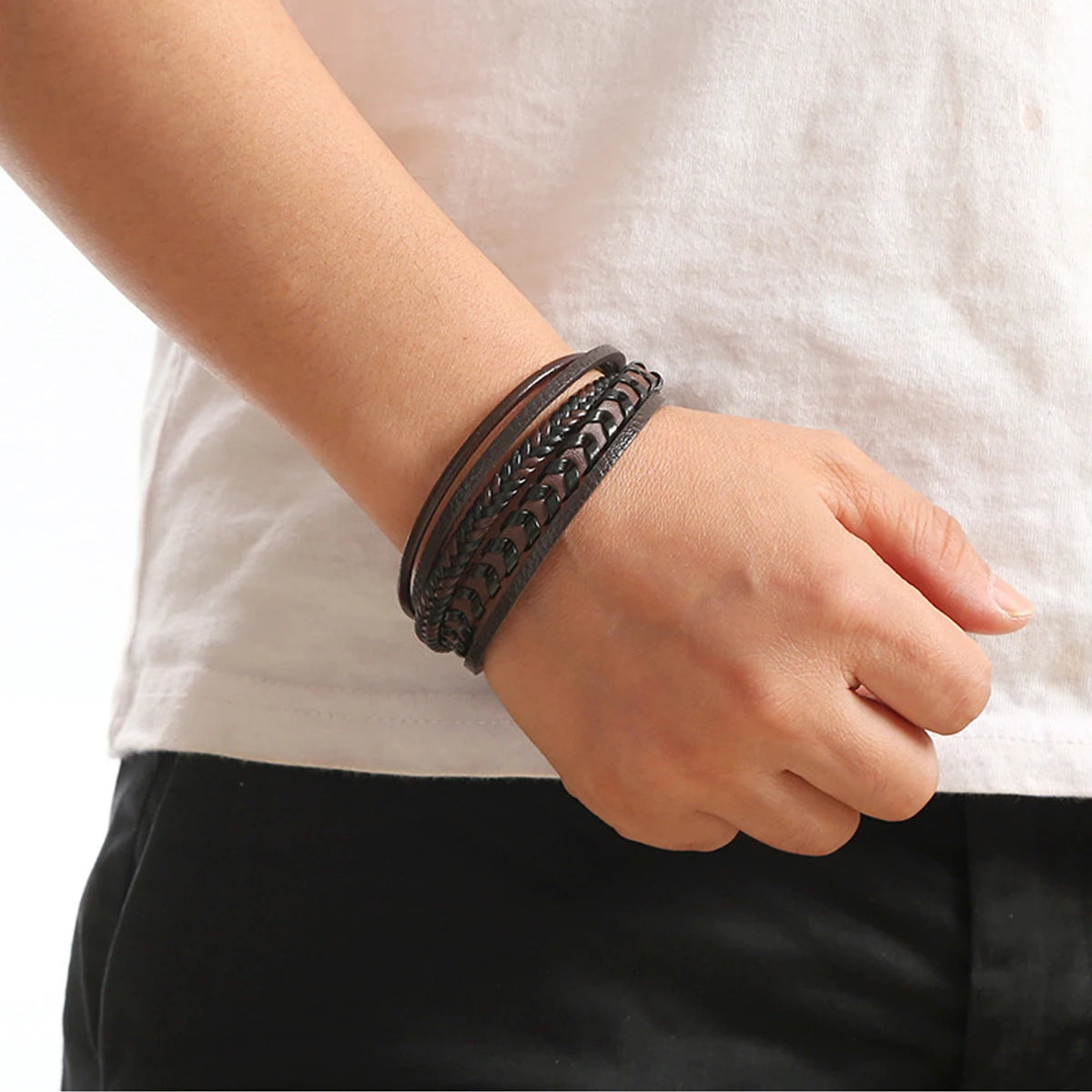 Mens Vintage Multi Layered Leather Bracelet Magnetic Buckle - Smarsty