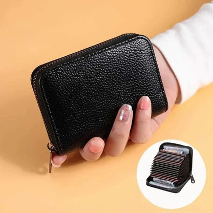 Multi Slot Card Holder Vintage Small Wallet Women Men Business Bank Credit Card Bag Male Coin Pouch Solid Leather Zipper Wallet - Smarsty