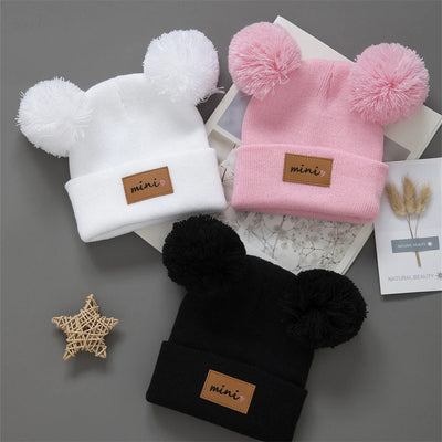 3pcs Breathable Stretchy Infant Knit Beanie with Heart Pompoms | Hand Washable, Mixed Colors