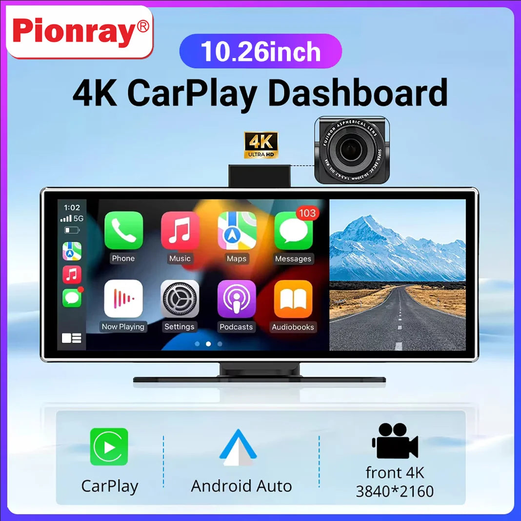Pionray 10.26” CarPlay Android Auto Car Radio Multimedia Video Player IPS Touch Screen With AUX USB Supports Reversing Camera