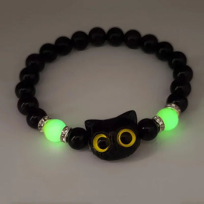1 PC Matching Bracelets Couples Women Men Luminous Cute Cat Friendship Bracelete Black White Cat Head Bead Strand Bracelet - Smarsty