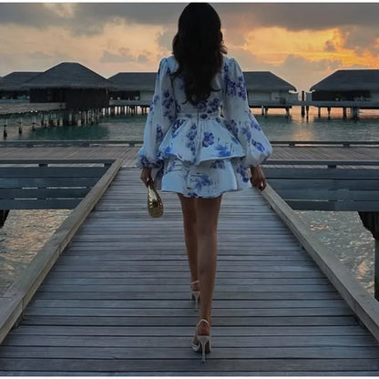 Backless Party Dress Women Elegant 3D Flower Print Sling Lace Up Ruffle A-line Mini Evening Dresses Female 2025 Summer Swimwears - Smarsty