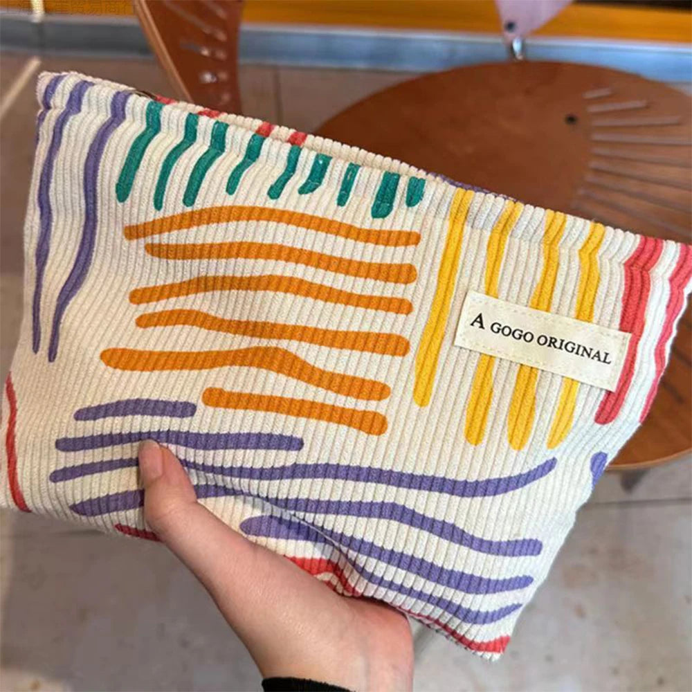 Colorful Stripes Corduroy Cosmetic Bag Portable Travel Toiletry Bag Skincare Sundries Aesthetic Makeup Storage Bag,A-DH - Smarsty
