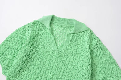 TRAFSHE Women Fashion Jacquard Solid Knitted Hollow Out Pullover Sweater Vintage Lapel Neck Short Sleeve Female Chic Lady Tops - Smarsty