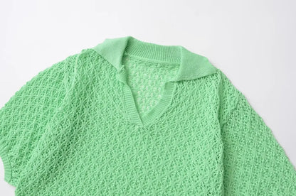 TRAFSHE Women Fashion Jacquard Solid Knitted Hollow Out Pullover Sweater Vintage Lapel Neck Short Sleeve Female Chic Lady Tops - Smarsty