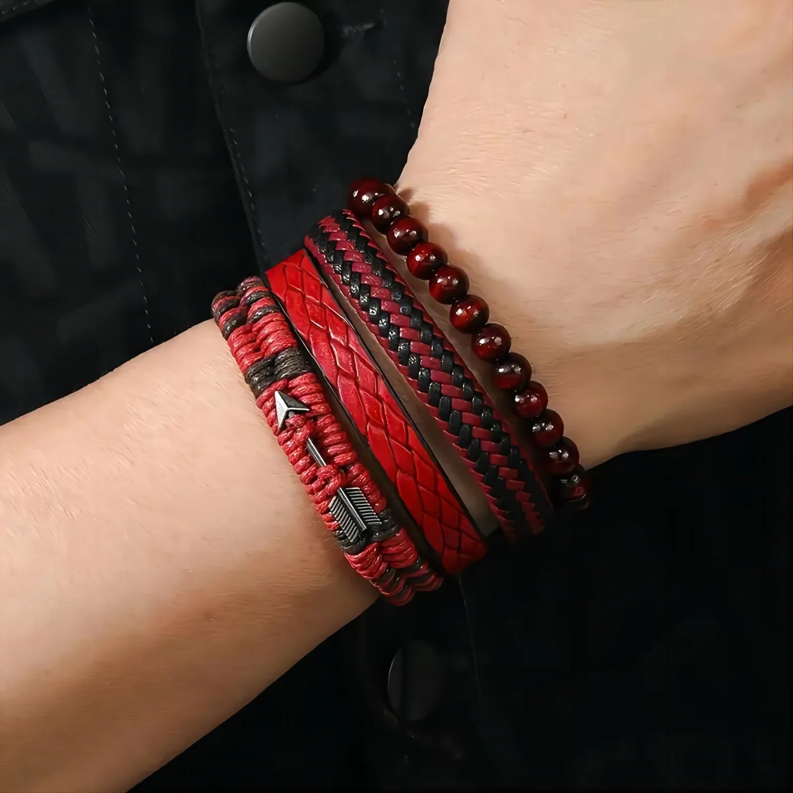 Vintage Mens Leather Bracelet Wooden Beaded Hand Woven Fashion - Smarsty