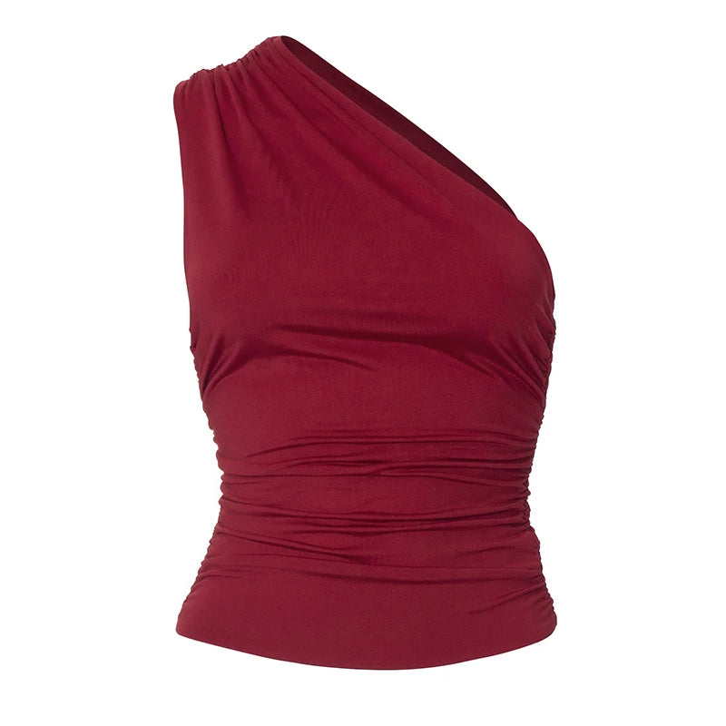 Solid Color One Shoulder Backless Shrink Tank Top T-Shirt Candy Color Tight Sexy Sleeveless Neckless Slim Casaul Top