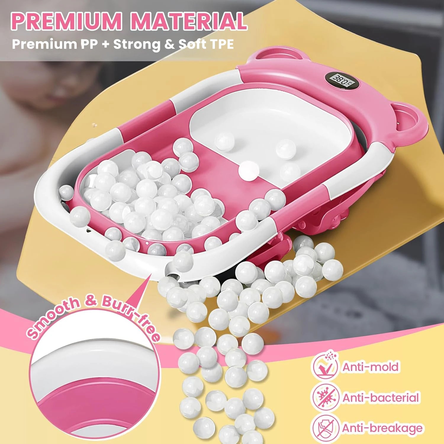 Portable Travel Bathtub, Collapsible Baby Bathtub, with Thermometer &1Soft Floating Cushion, with Drain Hole,For Baby 0-36 Month