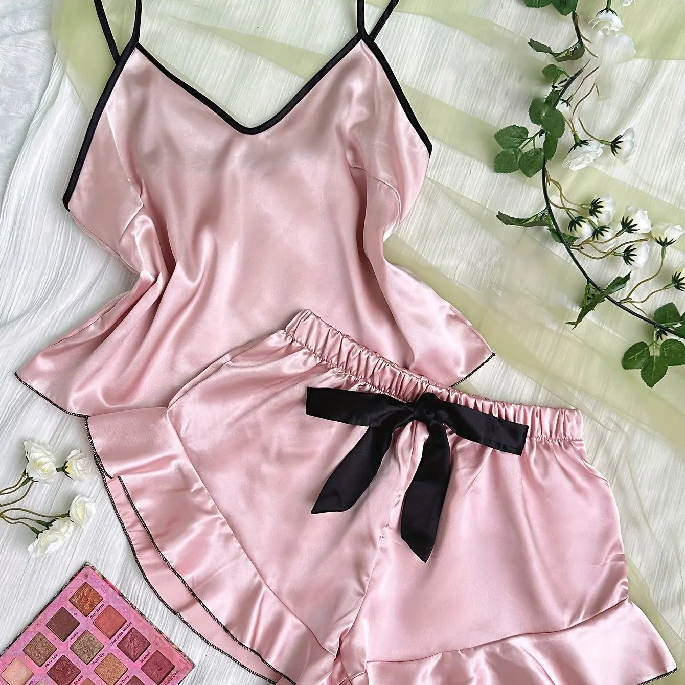 Women's Smooth Satin Pajamas V-Neck T-Shirt Ruffled Edges And Bow Shorts Simple And Breathable Pajama Set Sling Home Clothing - Smarsty