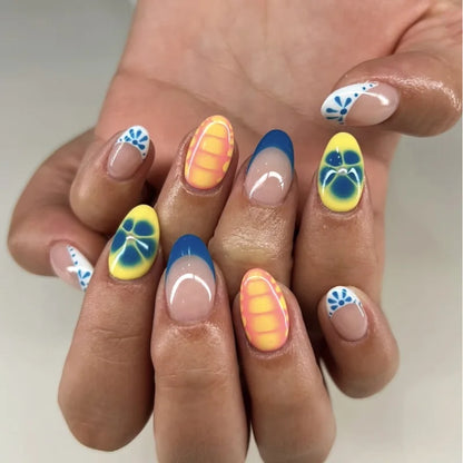 Colorful Press On Almond Nails Set with Pearl Flowers - Smarsty
