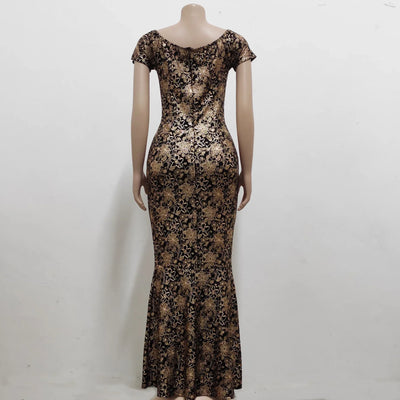 Women Dress Elegant Flower Party Dress Off the Shoulder Short Sleeve Slit Maxi Long Dresses for Woman - Smarsty