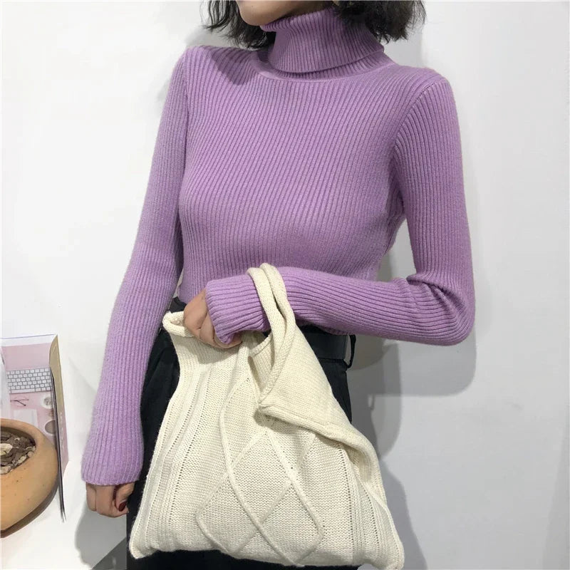 2024 Autumn Winter Thick Sweater Women Knitted Ribbed Pullover Sweater Long Sleeve Turtleneck Slim Jumper Soft Warm Pull Femme - Smarsty