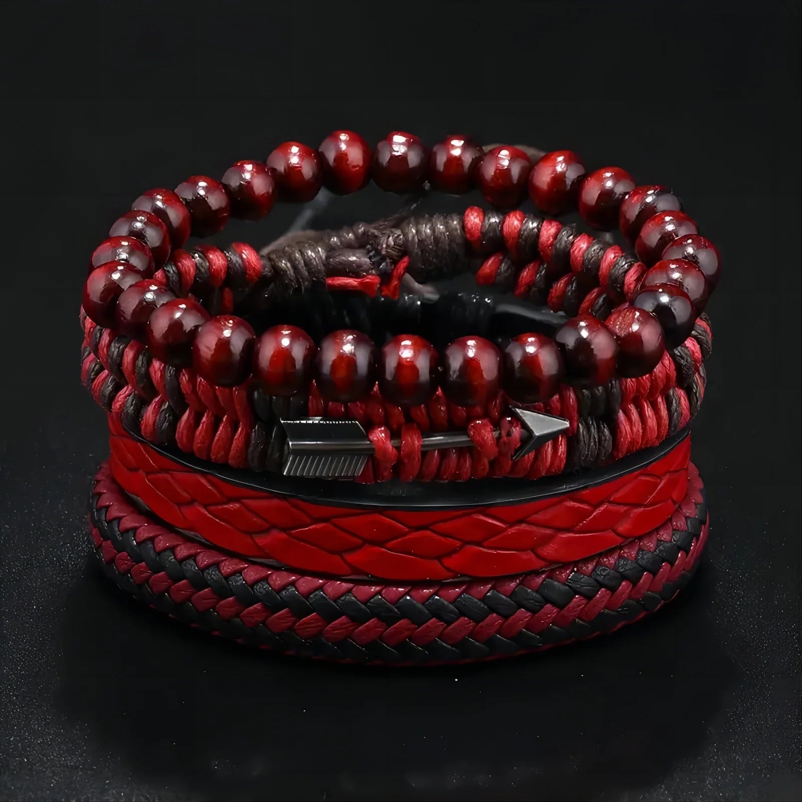Vintage Mens Leather Bracelet Wooden Beaded Hand Woven Fashion - Smarsty