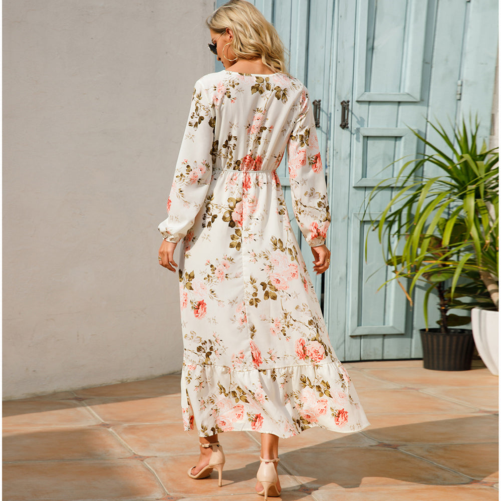 2023 Sping Summer Bohemian Women Maxi Dress Casual Long Sleeve High Waist Beach Woman Chiffon Dresses Floral Vestidoes Mujer New - Smarsty