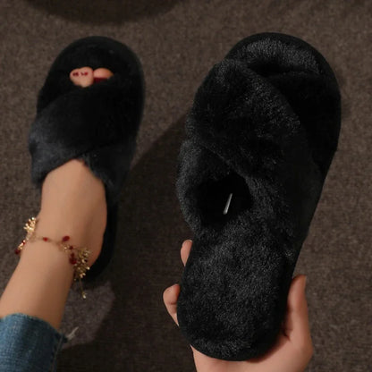 Cross Warm Fluffy Furry Slippers Women Lightweight Flat Heels Fur Slides Woman Autumn Winter Open Toe Non Slip Home Floor Shoes