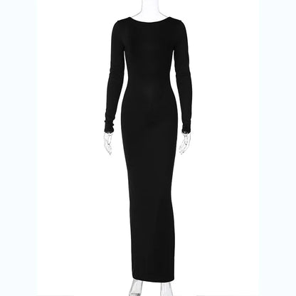 Hugcitar Spring Elegant Long Sleeve Backless Solid Cuched Sexy Bodycon Maxi Prom Dress Women Outfit Evening Party Festival Y2K - Smarsty