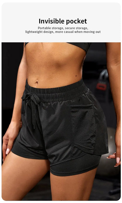 Women's Elastic Sports Shorts, Shorts With Pockets, Fake Two-Piece Yoga Leggings Running And Training - Smarsty