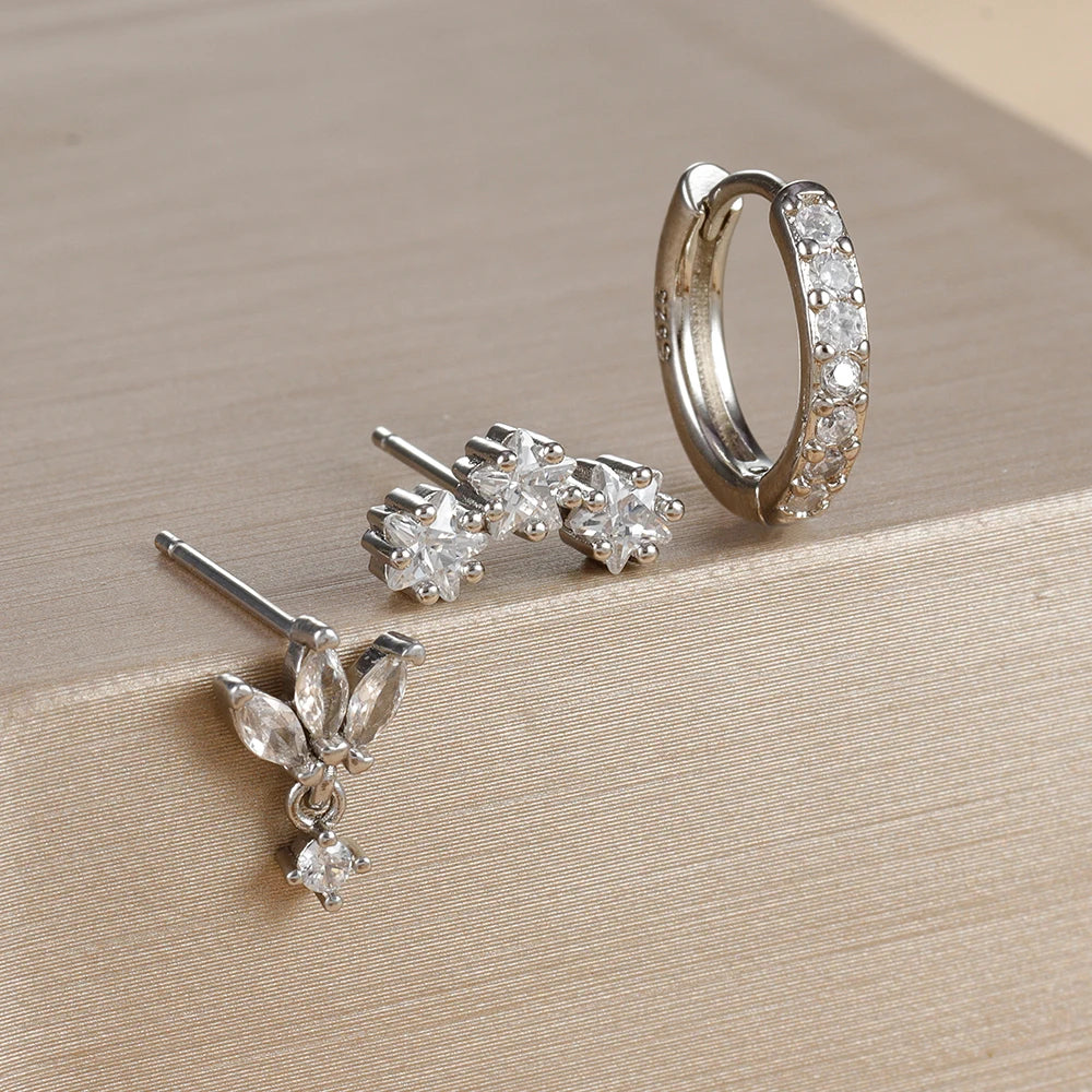 3Pc Stainless Steel Star Stud Earrings Sparkling Zircon - Smarsty