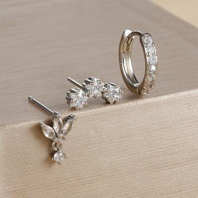 3Pc Stainless Steel Star Stud Earrings Sparkling Zircon - Smarsty
