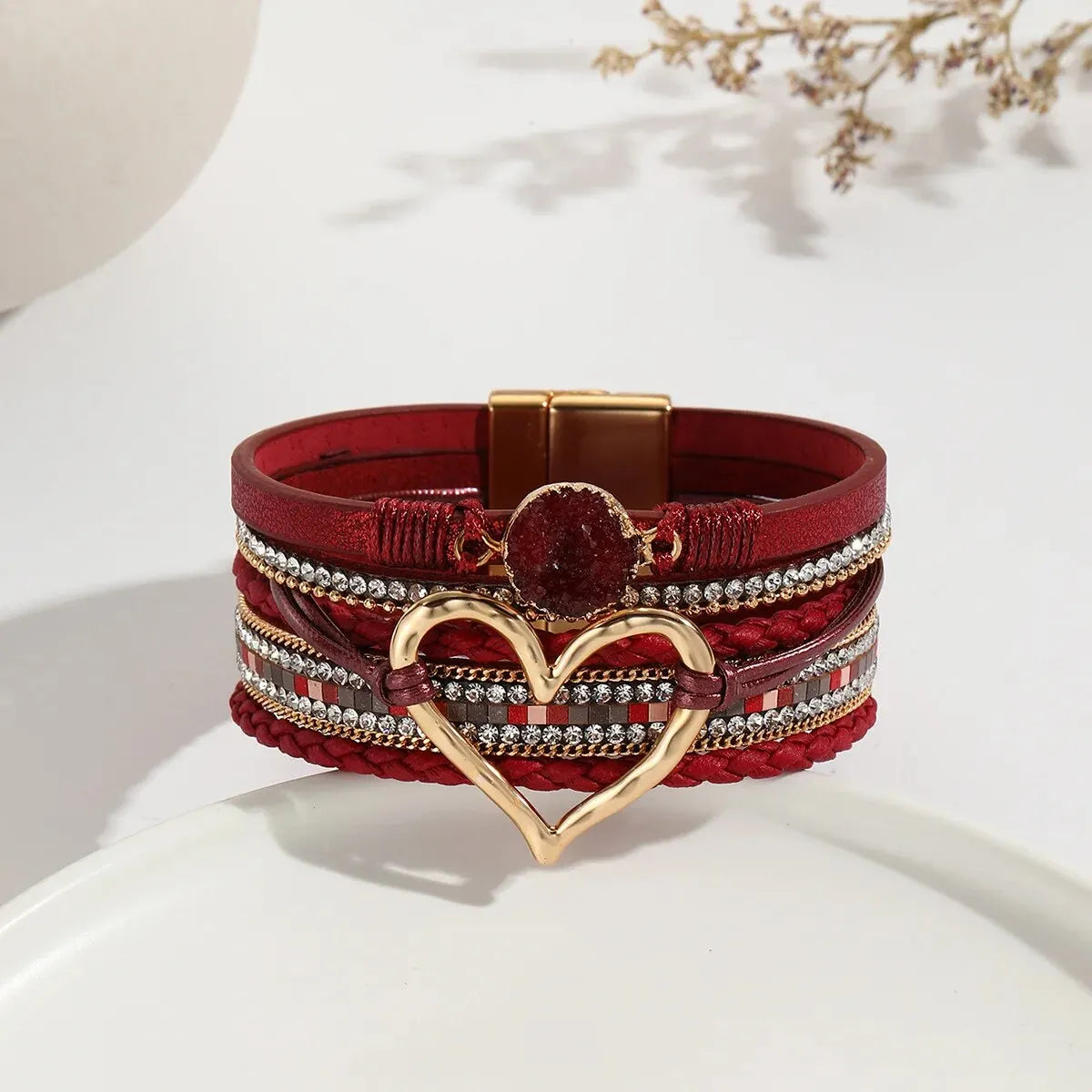 Women Leather Heart Charm Bracelet Rhinestone Wrap - Smarsty