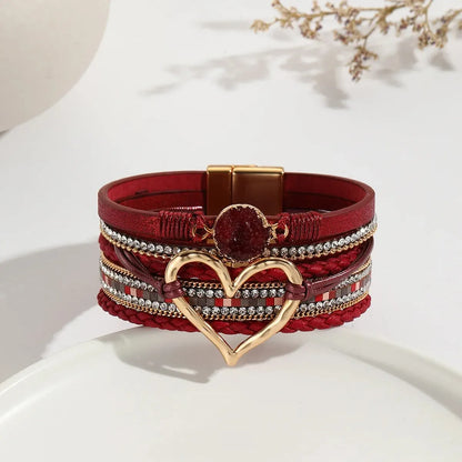 Women Leather Heart Charm Bracelet Rhinestone Wrap - Smarsty